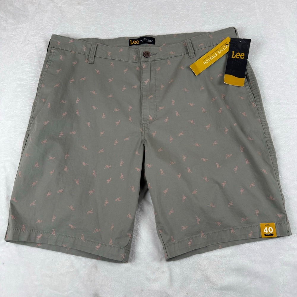 Lee‎ Mens Active Stretch Flamingo Print Chino Shorts Gray Pink Size 40" New